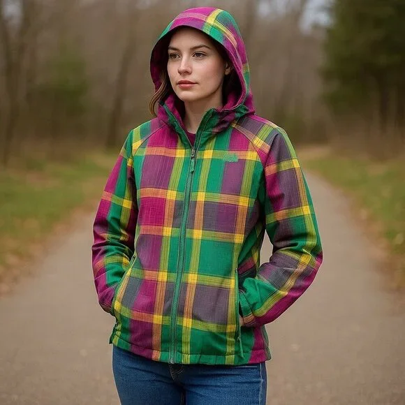 The North Face Women Jacket Size Large Colorblock Hooded Plaid Outdoor Y2K Core - Picture 3 of 16